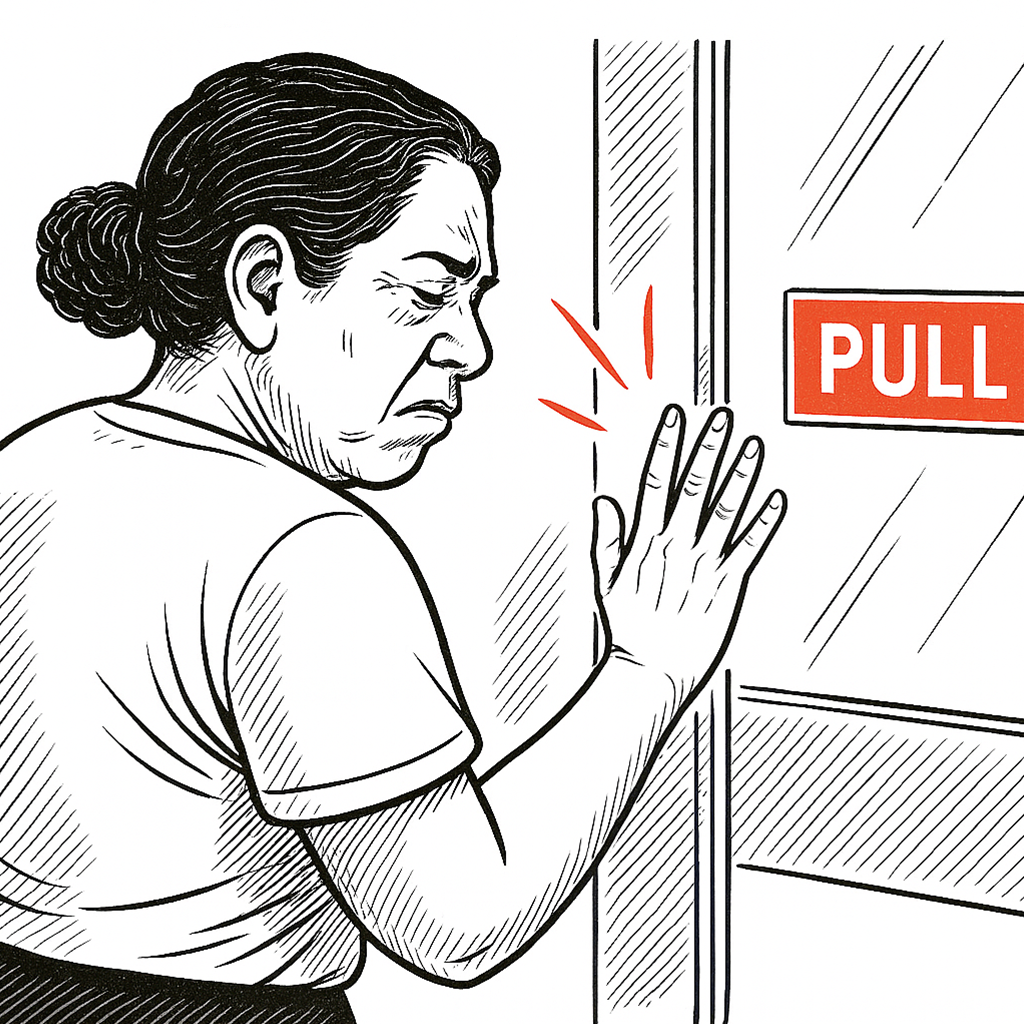 Woman pushing a pull door